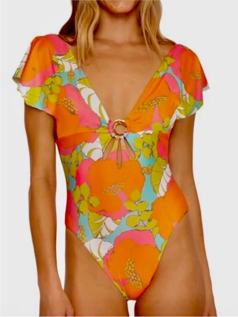 Trina Turk Playa De Flor Floral Keyhole Flutter Sleeve Swimsuit Size 6